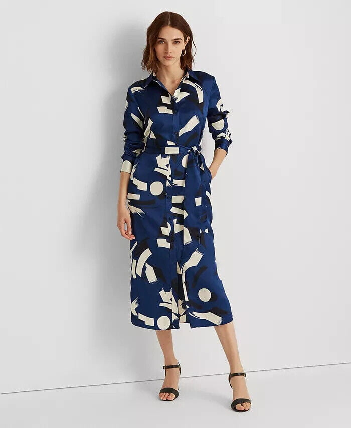 Vestido-camisa feminino Ralph Lauren com estampa geométrica Charmeuse, azul, tamanho 8