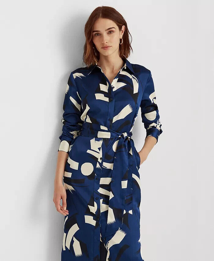 Vestido-camisa feminino Ralph Lauren com estampa geométrica Charmeuse, azul, tamanho 8