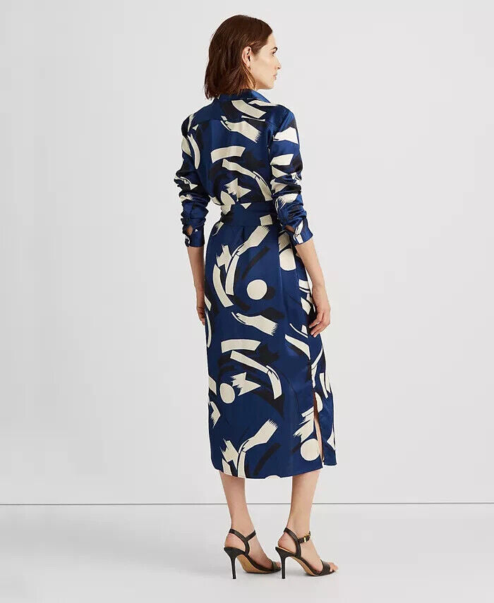 Vestido-camisa feminino Ralph Lauren com estampa geométrica Charmeuse, azul, tamanho 8