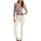 Blusa Ralph Lauren Feminina Estampada com Elástico e Manga Longa, Gola Surplice, Azul, Tamanho Médio