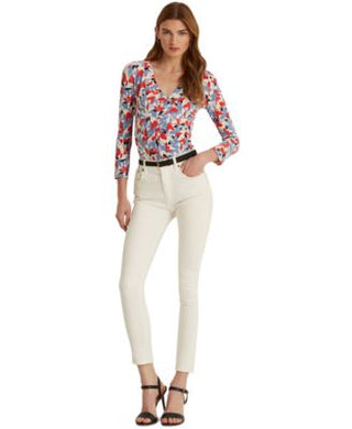 Blusa Ralph Lauren Feminina Estampada com Elástico e Manga Longa, Gola Surplice, Azul, Tamanho Médio