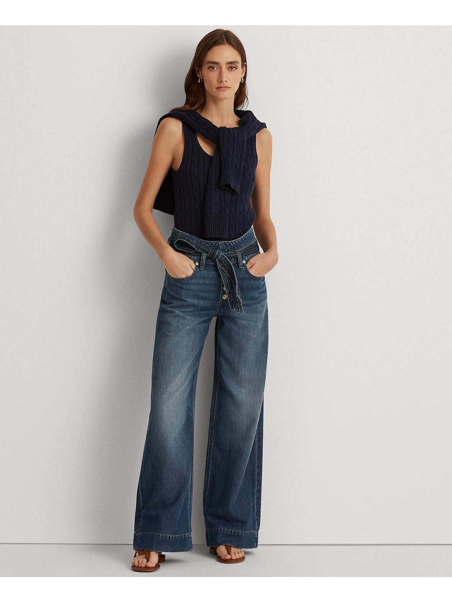 Calça jeans feminina Ralph Lauren com bolsos, perna reta, botões, amarração, cinto, cintura alta, azul, tamanho 18