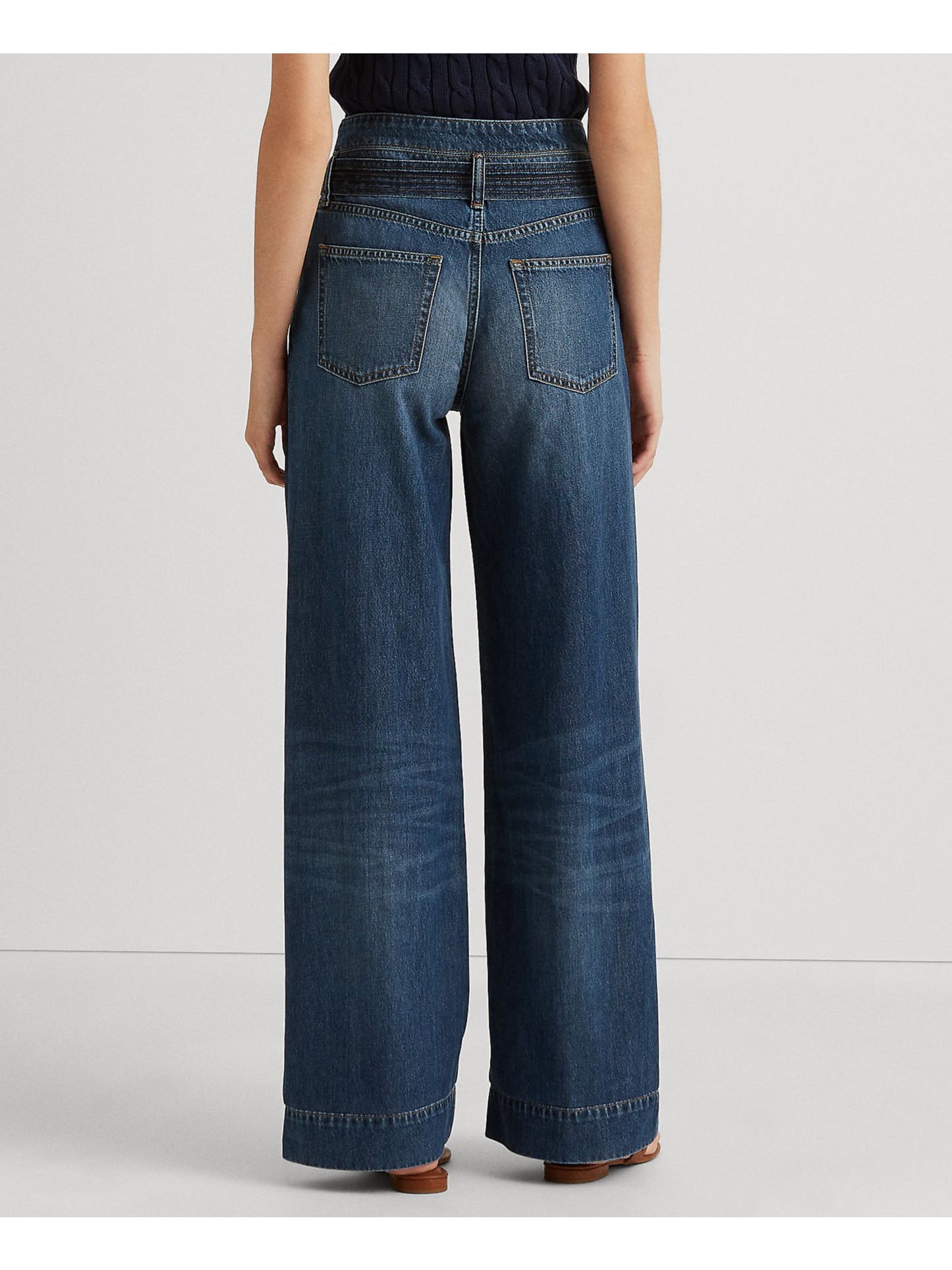 Calça jeans feminina Ralph Lauren com bolsos, perna reta, botões, amarração, cinto, cintura alta, azul, tamanho 18