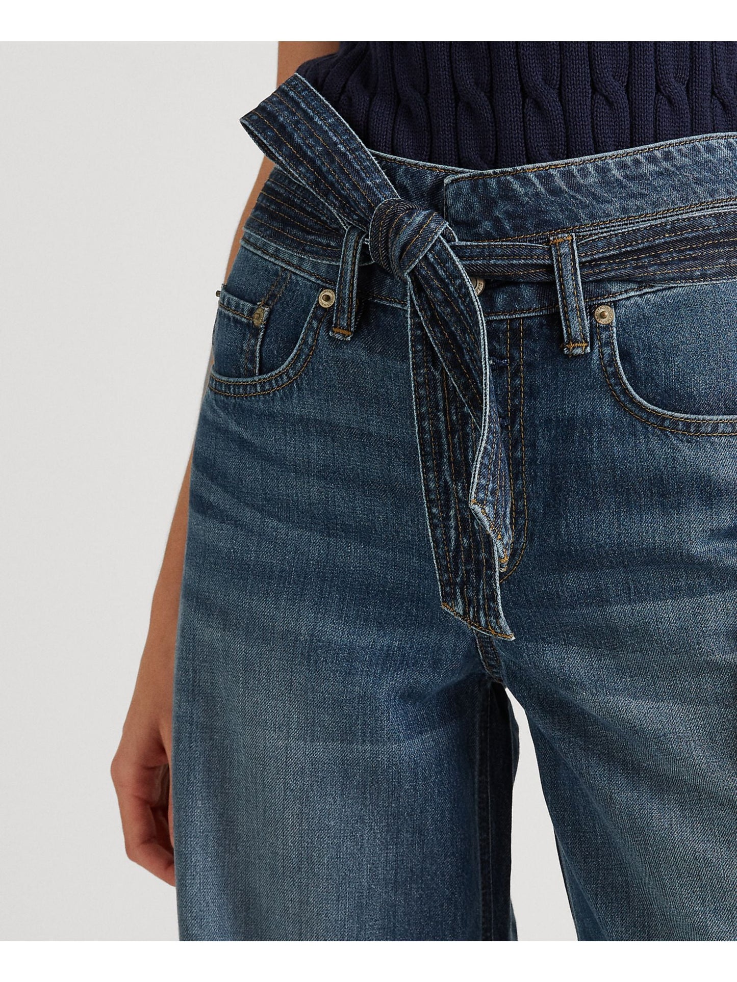 Calça jeans feminina Ralph Lauren com bolsos, perna reta, botões, amarração, cinto, cintura alta, azul, tamanho 18