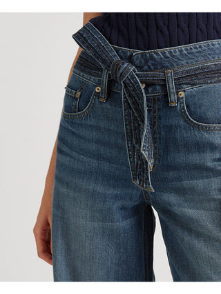 Calça jeans feminina Ralph Lauren com bolsos, perna reta, botões, amarração, cinto, cintura alta, azul, tamanho 18