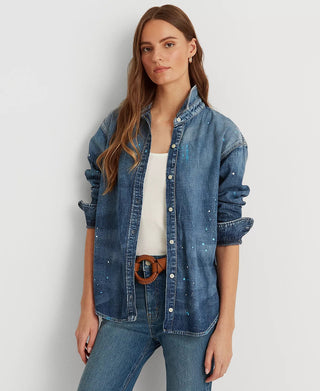 Camisa jeans feminina Ralph Lauren Paint Splatter azul, tamanho médio