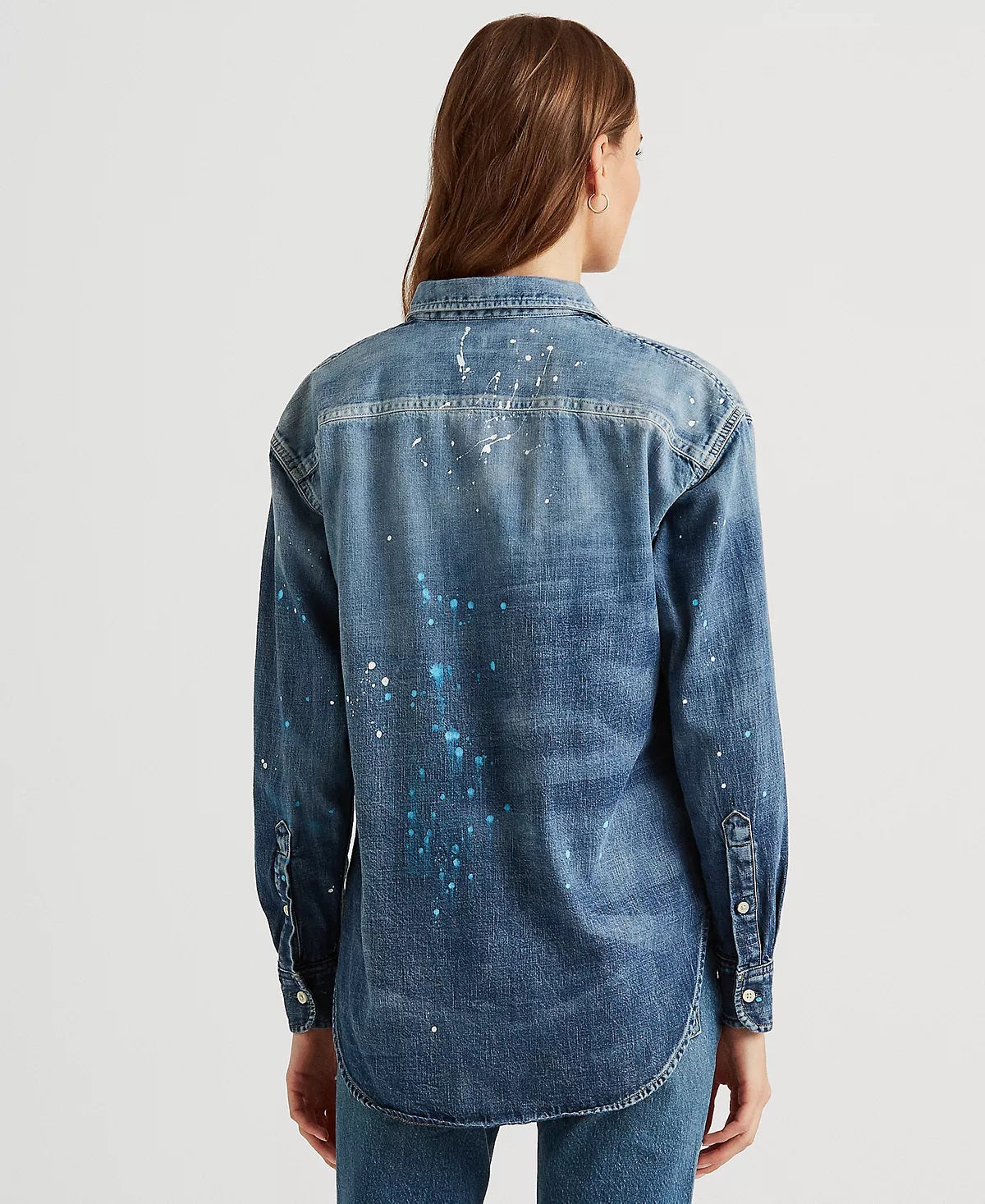 Camisa jeans feminina Ralph Lauren Paint Splatter azul, tamanho médio
