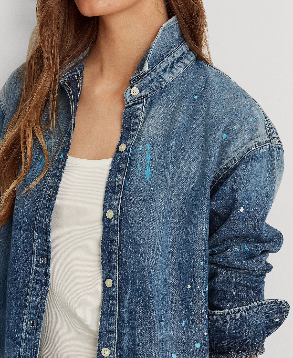 Camisa jeans feminina Ralph Lauren Paint Splatter azul, tamanho médio