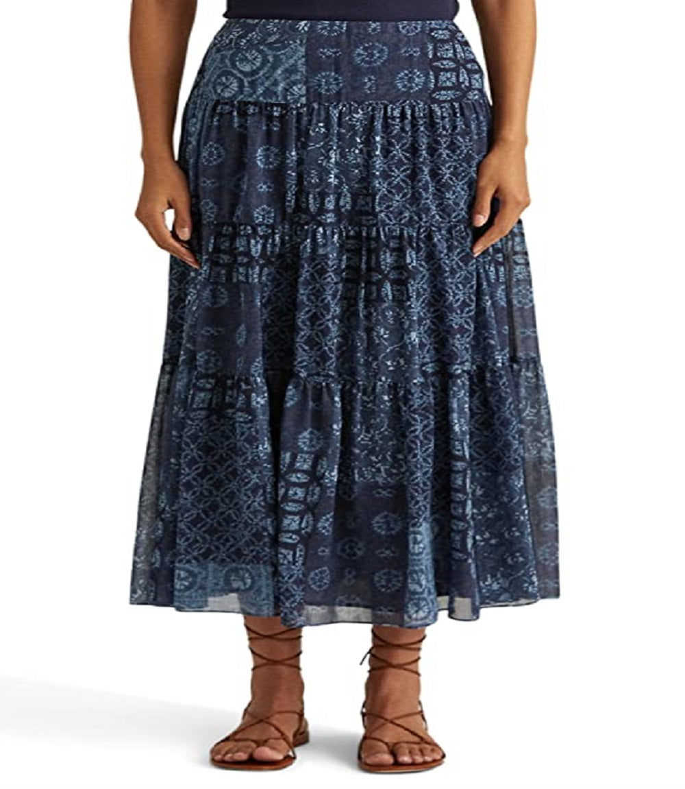 Saia Ralph Lauren Feminina Geo Print Crinkle Georgette Azul Tamanho 12