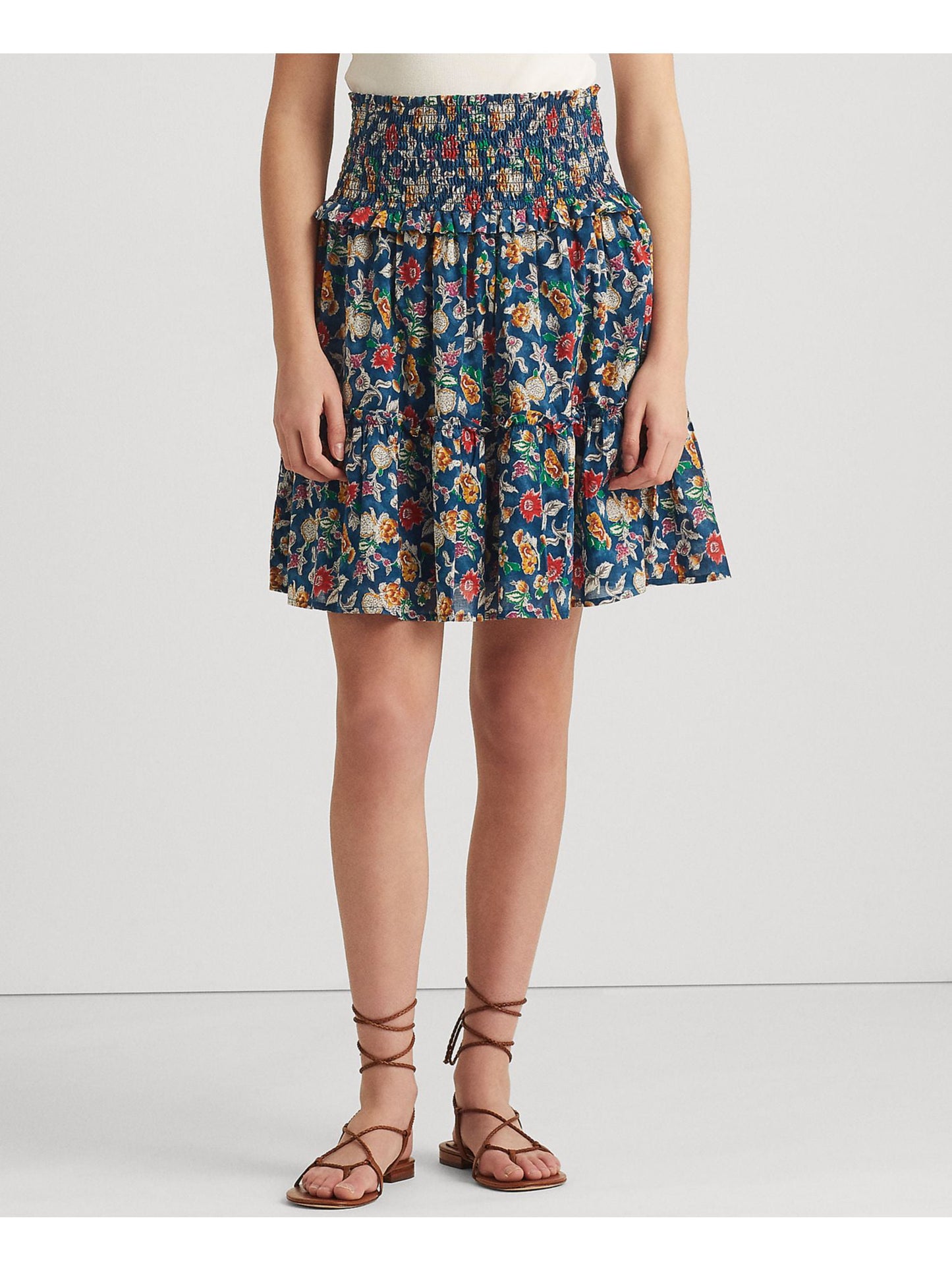 Saia de voile de algodão floral feminina Ralph Lauren, azul, tamanho 4