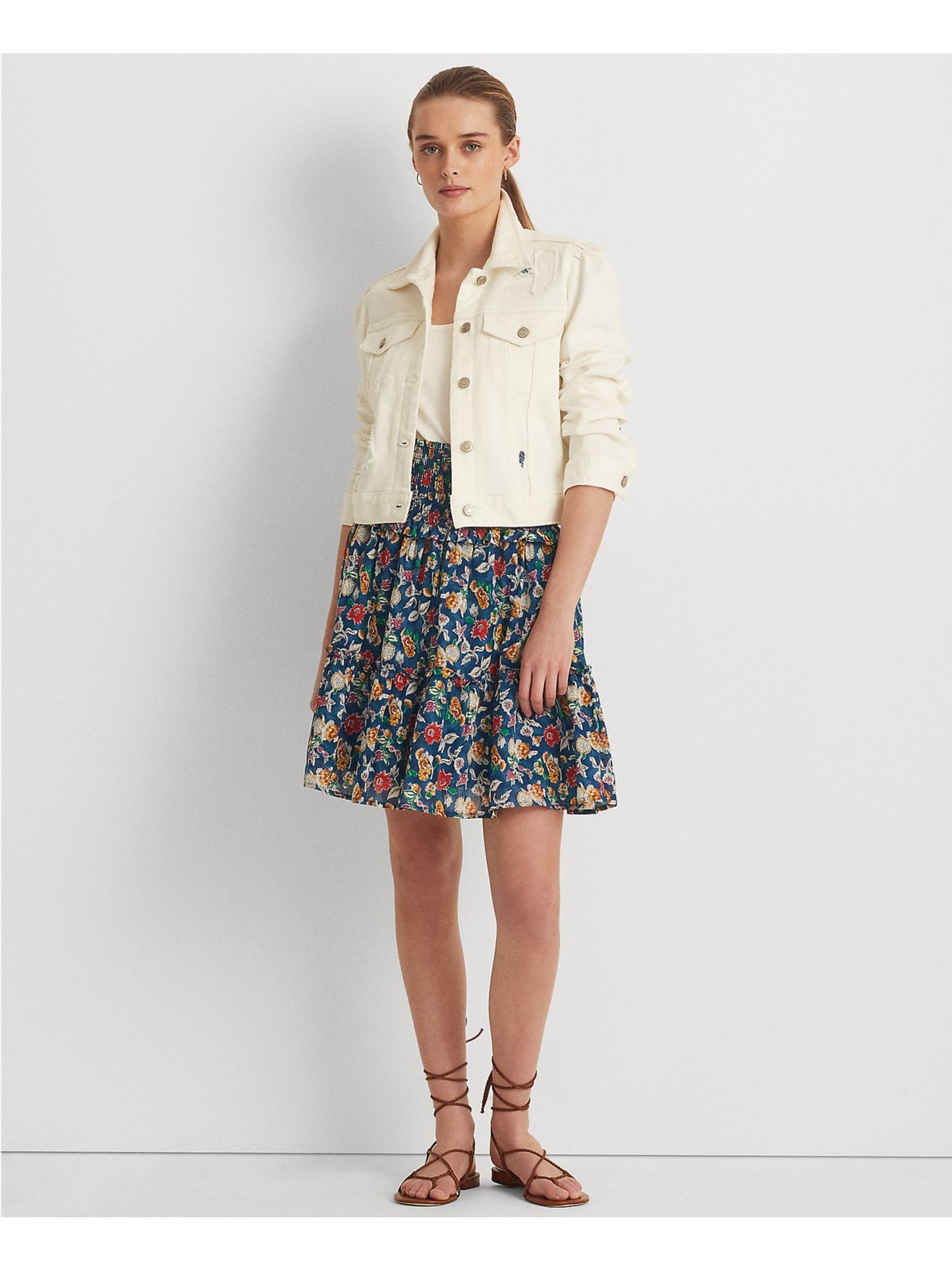 Saia de voile de algodão floral feminina Ralph Lauren, azul, tamanho 4