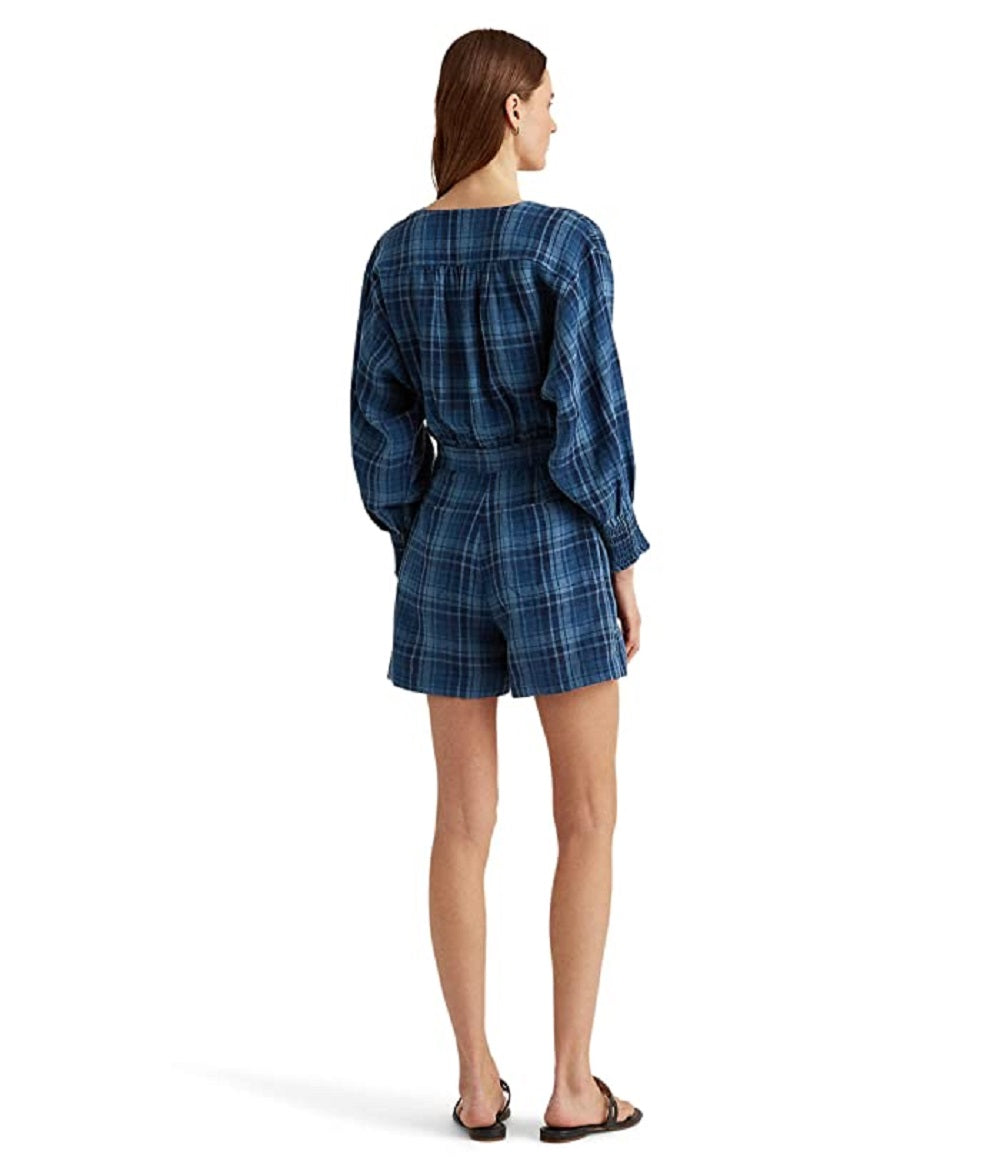 Macacão Ralph Lauren Feminino Xadrez de Linho Azul Tamanho 12