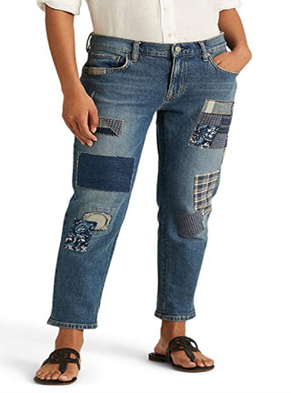 Calça Jeans Ralph Lauren Feminina Patchwork Relaxed Tapered Azul Tamanho 16
