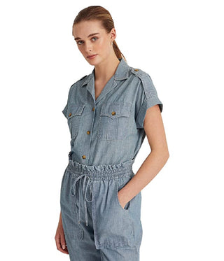 Camisa Ralph Lauren Feminina Manga Curta Chambray Azul Tamanho P