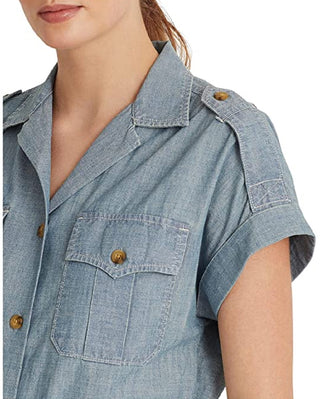 Camisa Ralph Lauren Feminina Manga Curta Chambray Azul Tamanho P