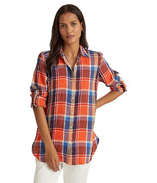 Camisa xadrez de linho feminina Ralph Lauren, tamanhos variados, média