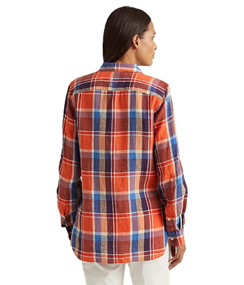 Camisa xadrez de linho feminina Ralph Lauren, tamanhos variados, média