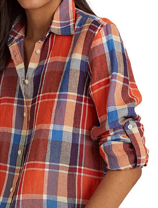 Camisa xadrez de linho feminina Ralph Lauren, tamanhos variados, média