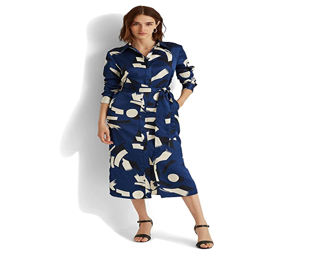 Vestido-camisa charmeuse com estampa geométrica Ralph Lauren feminino, azul, tamanho 6, pequeno