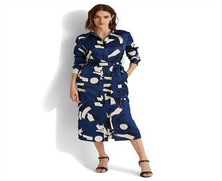 Vestido-camisa charmeuse com estampa geométrica Ralph Lauren feminino, azul, tamanho 6, pequeno