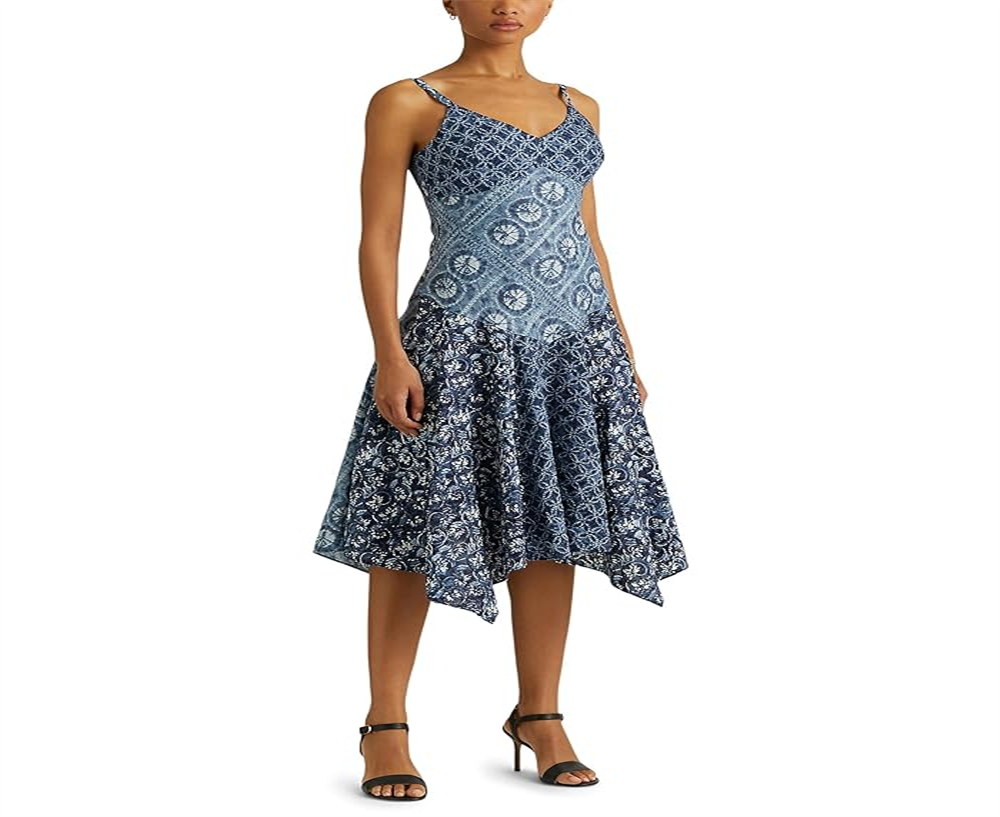 Vestido Ralph Lauren Feminino Estampado Patchwork de Linho Sem Mangas Azul Tamanho 10 Petite