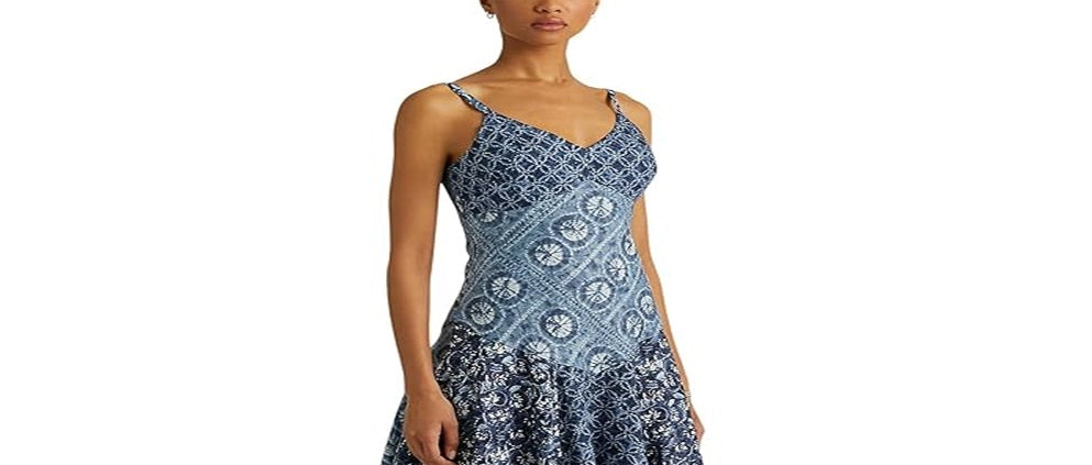 Vestido Ralph Lauren Feminino Estampado Patchwork de Linho Sem Mangas Azul Tamanho 10 Petite
