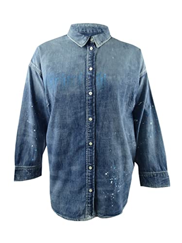 Camisa feminina plus size Lauren Ralph Lauren com estampa de respingos de tinta, azul, tamanho 3X