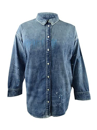 Camisa feminina plus size Lauren Ralph Lauren com estampa de respingos de tinta, azul, tamanho 3X