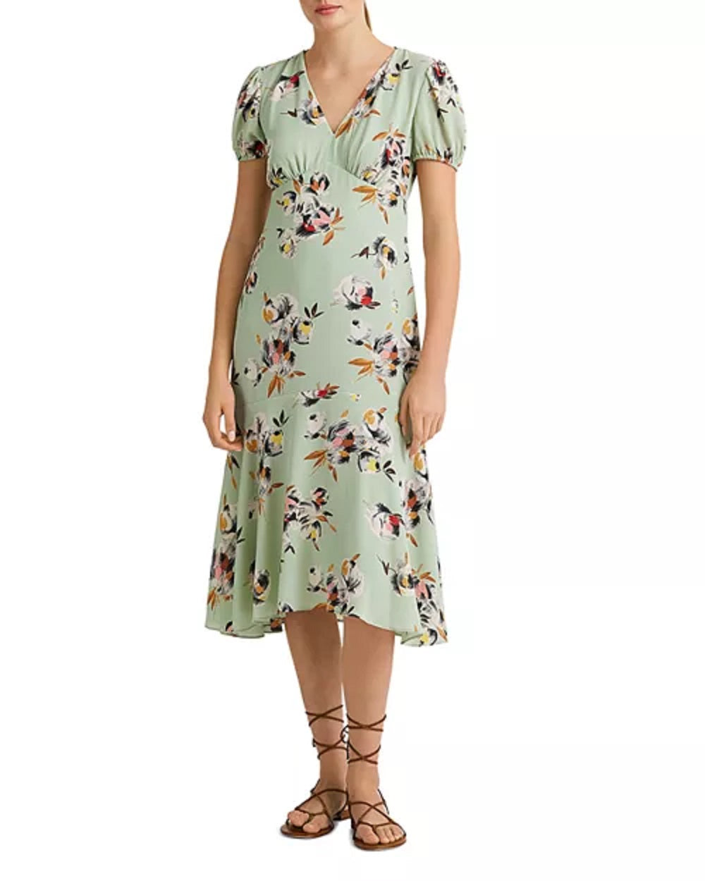 Vestido midi com decote em V Ralph Lauren feminino, estilo flare, verde, tamanho 14, para usar no trabalho