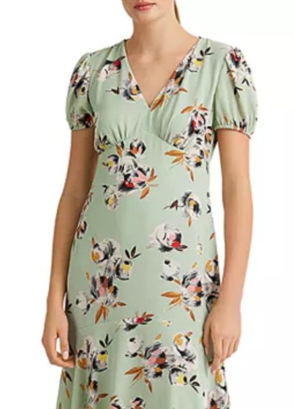 Vestido midi com decote em V Ralph Lauren feminino, estilo flare, verde, tamanho 14, para usar no trabalho