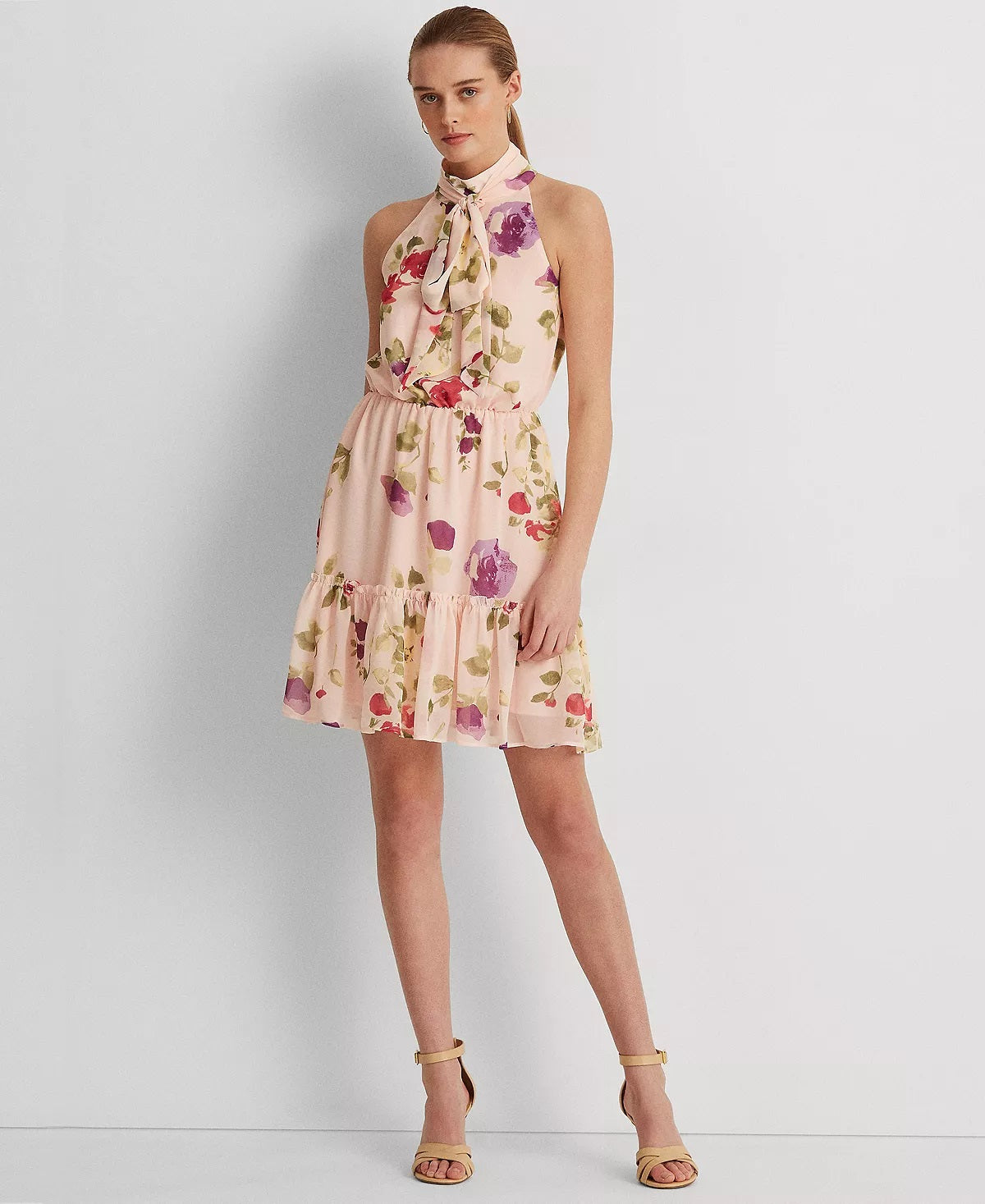 Vestido sem mangas de chiffon floral feminino Ralph Lauren, rosa, tamanho 4