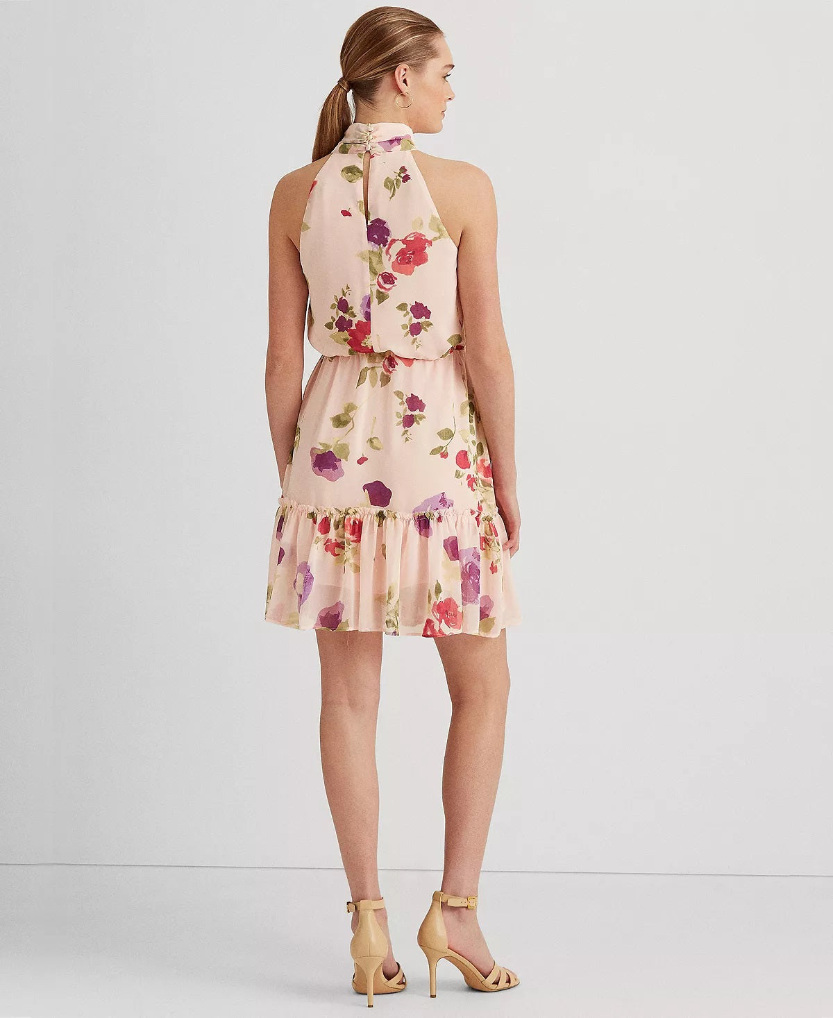 Vestido sem mangas de chiffon floral feminino Ralph Lauren, rosa, tamanho 4
