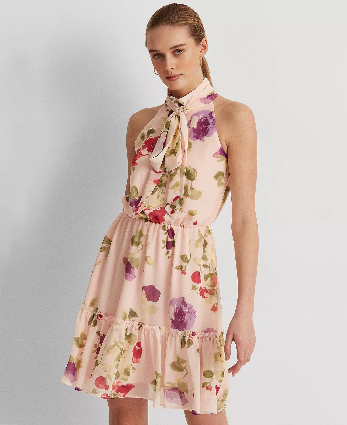 Vestido sem mangas de chiffon floral feminino Ralph Lauren, rosa, tamanho 4