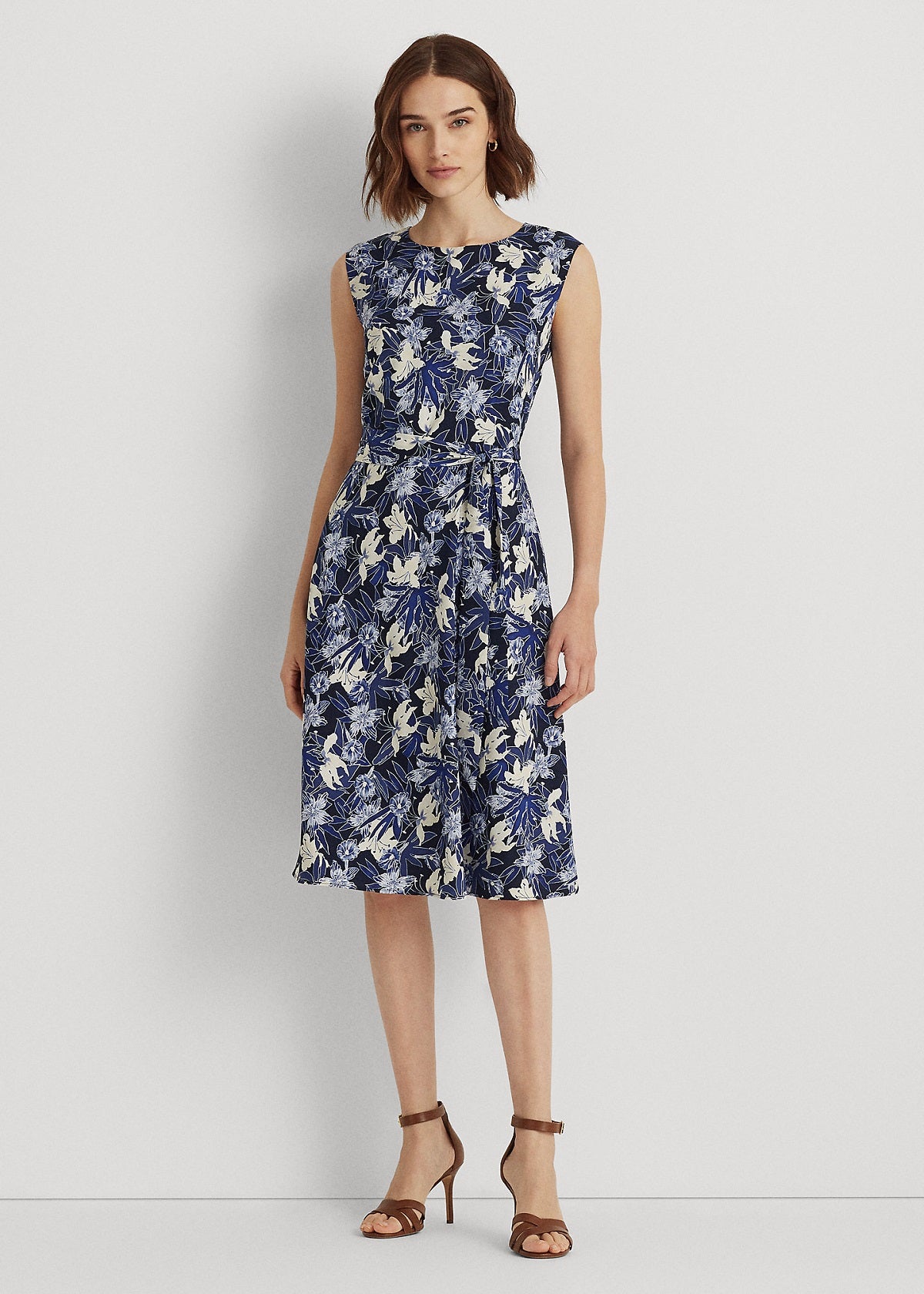 Vestido de crepe floral feminino Ralph Lauren, azul, tamanho 12