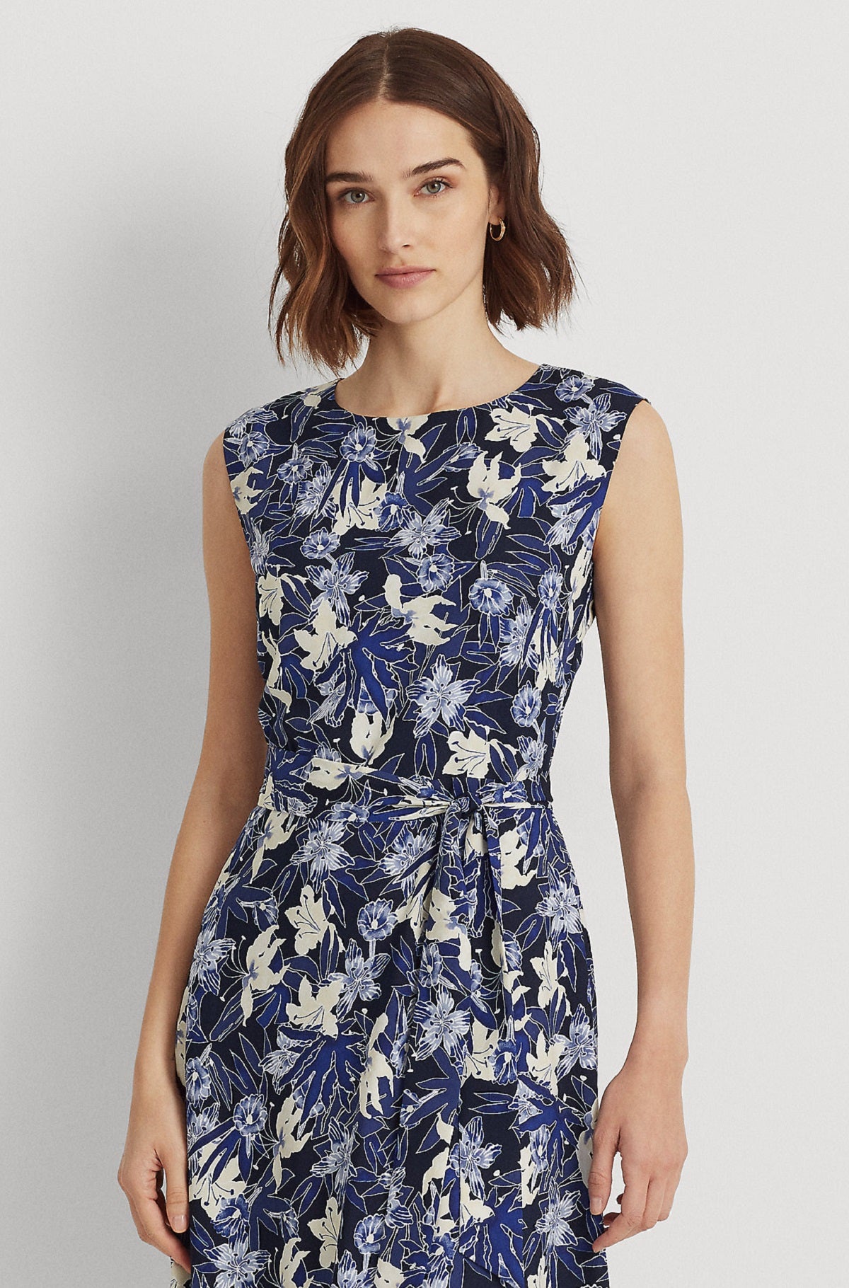Vestido de crepe floral feminino Ralph Lauren, azul, tamanho 12