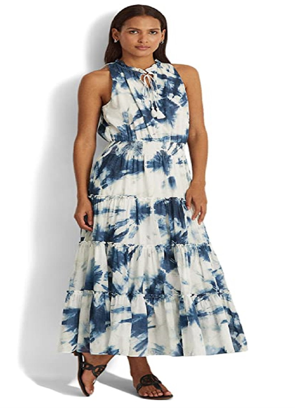 Vestido longo Ralph Lauren feminino de algodão tingido com tie-dye, branco, tamanho 12