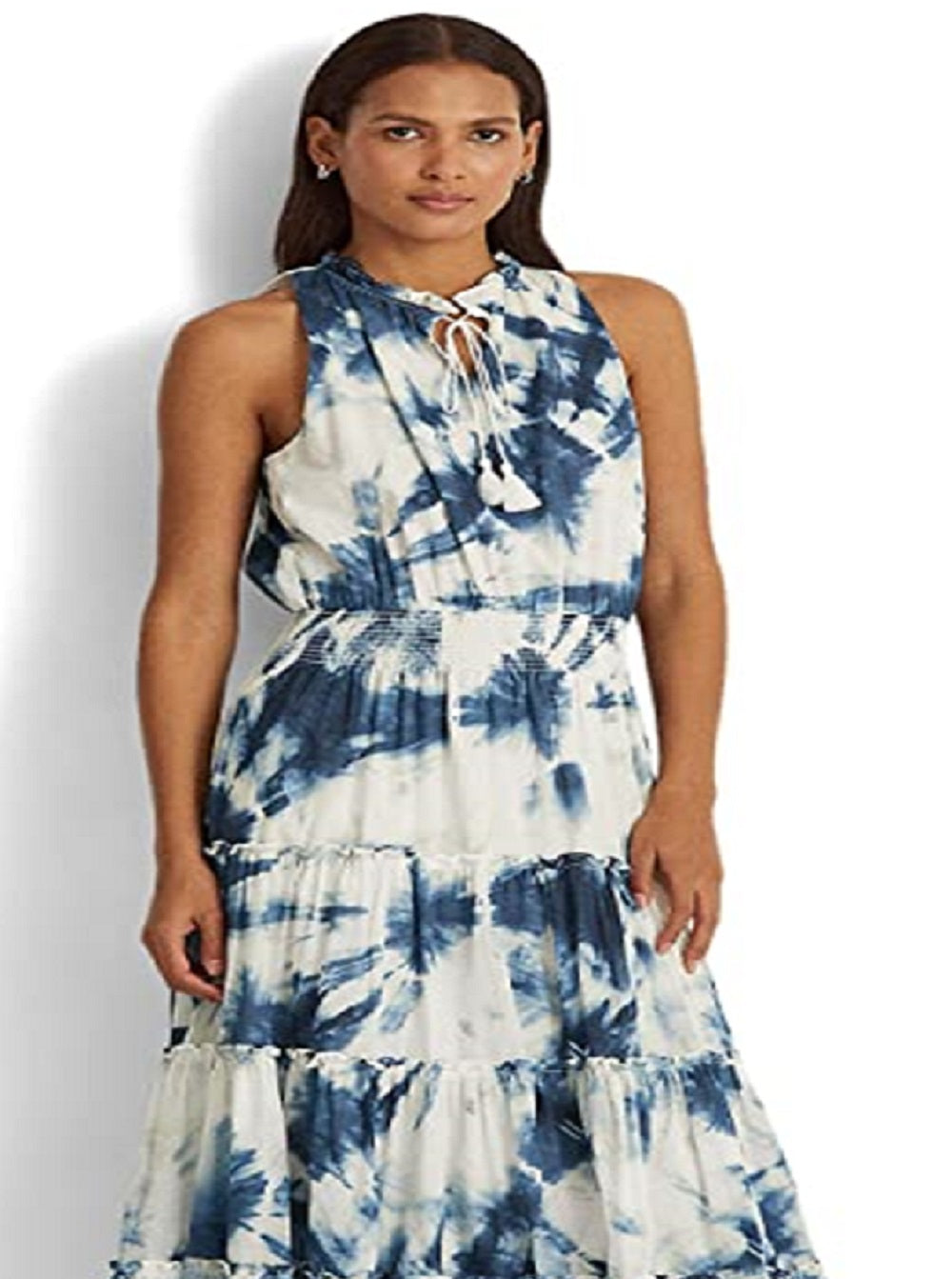 Vestido longo Ralph Lauren feminino de algodão tingido com tie-dye, branco, tamanho 12