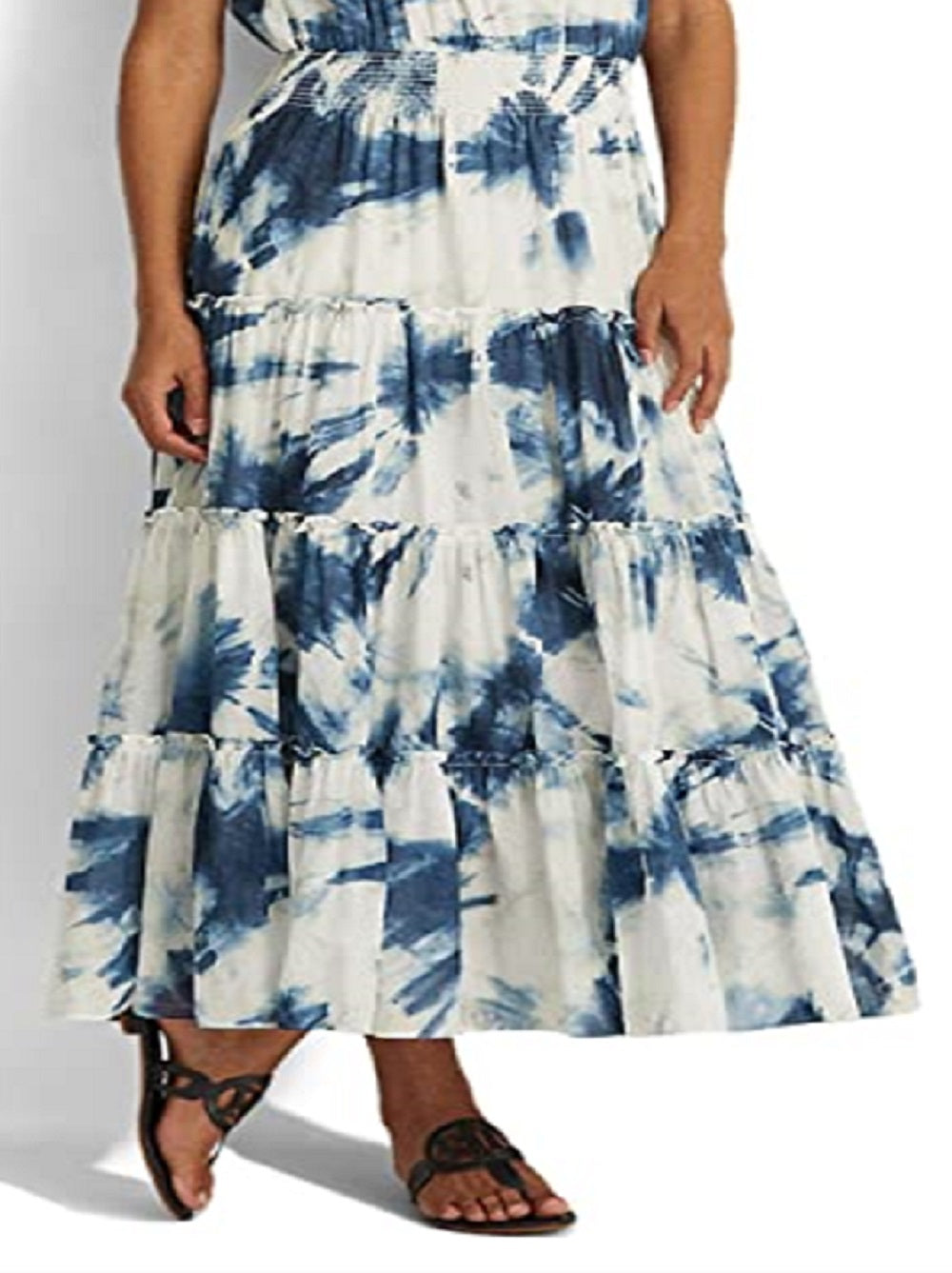 Vestido longo Ralph Lauren feminino de algodão tingido com tie-dye, branco, tamanho 12