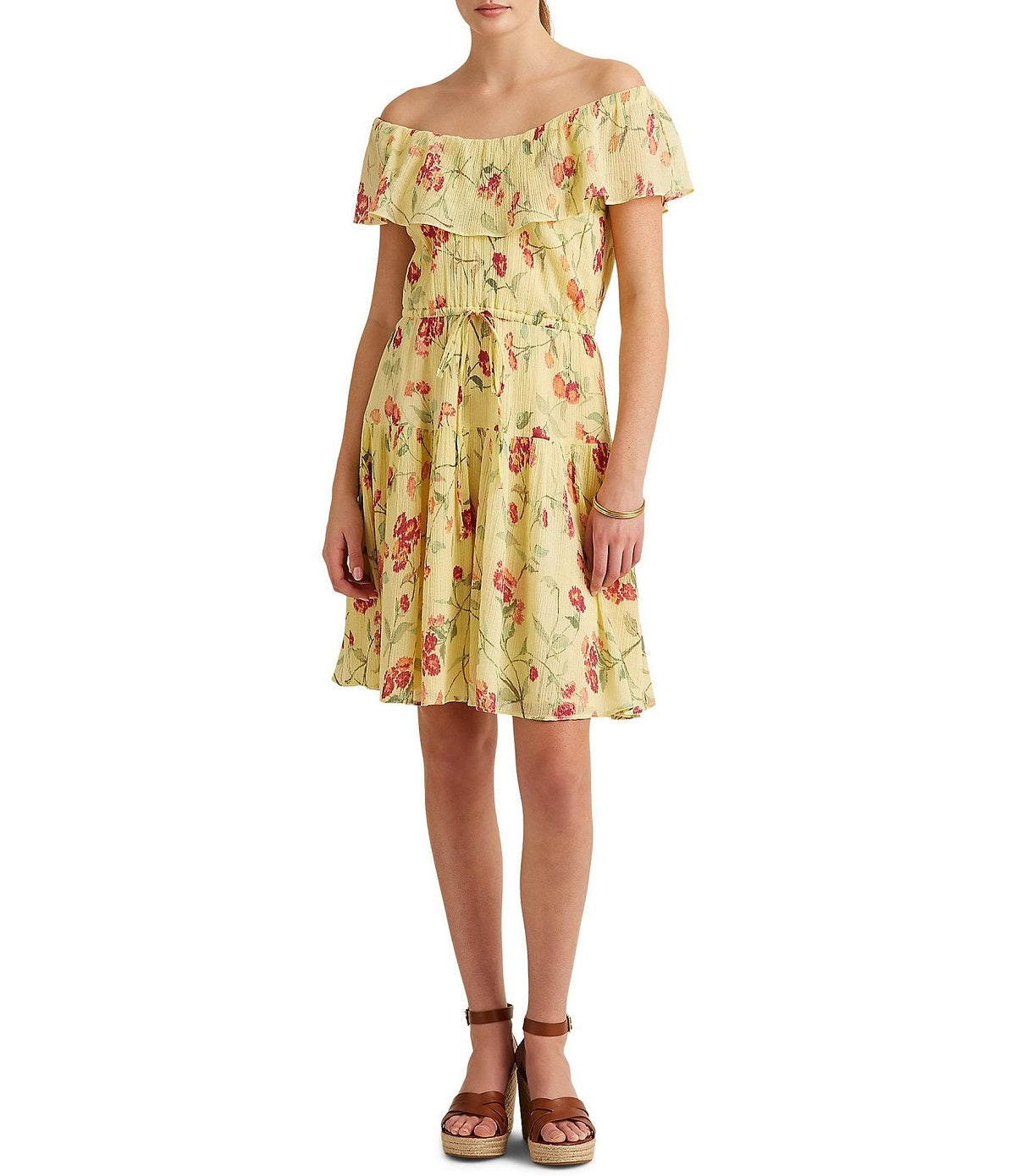 Vestido floral amassado Ralph Lauren feminino, amarelo, tamanho 4