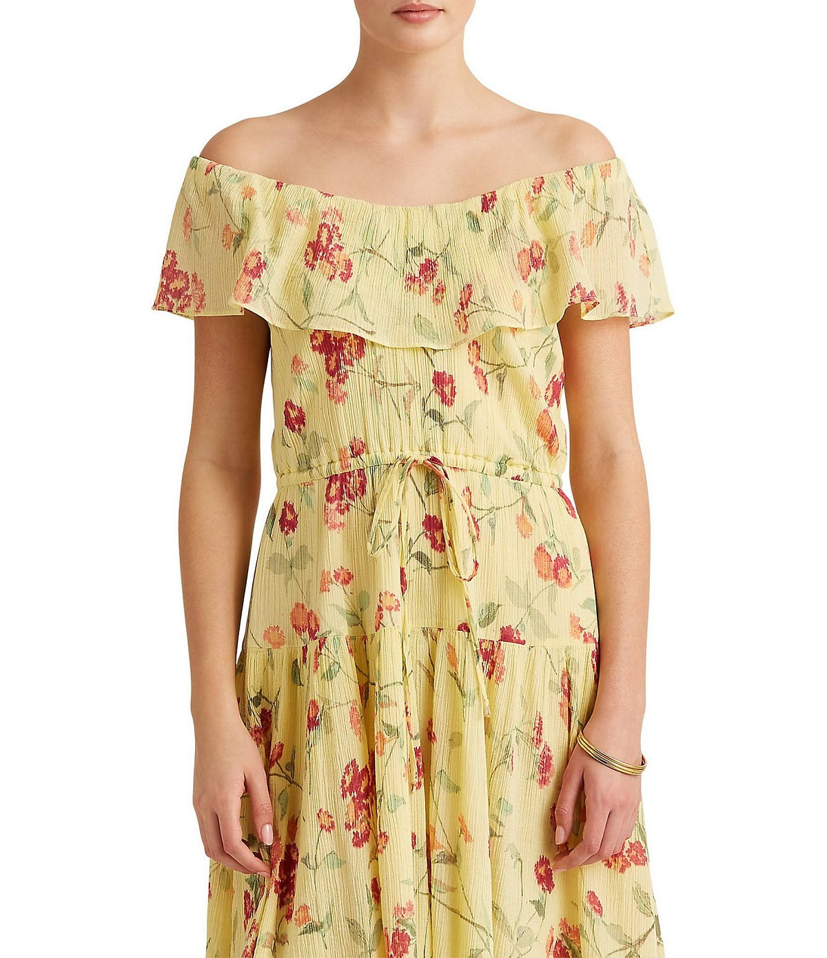 Vestido floral amassado Ralph Lauren feminino, amarelo, tamanho 4