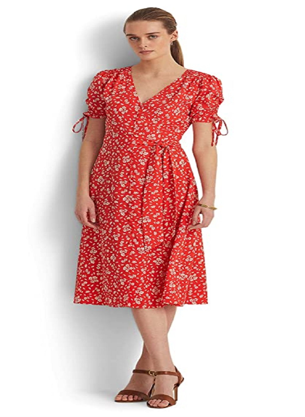 Vestido midi de crepe floral feminino Ralph Lauren, vermelho, tamanho 16