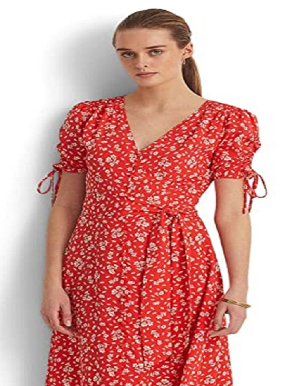 Vestido midi de crepe floral feminino Ralph Lauren, vermelho, tamanho 16
