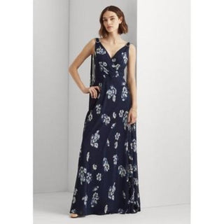 Vestido de festa feminino Ralph Lauren com estampa floral e amassado em georgette, azul, tamanho 2