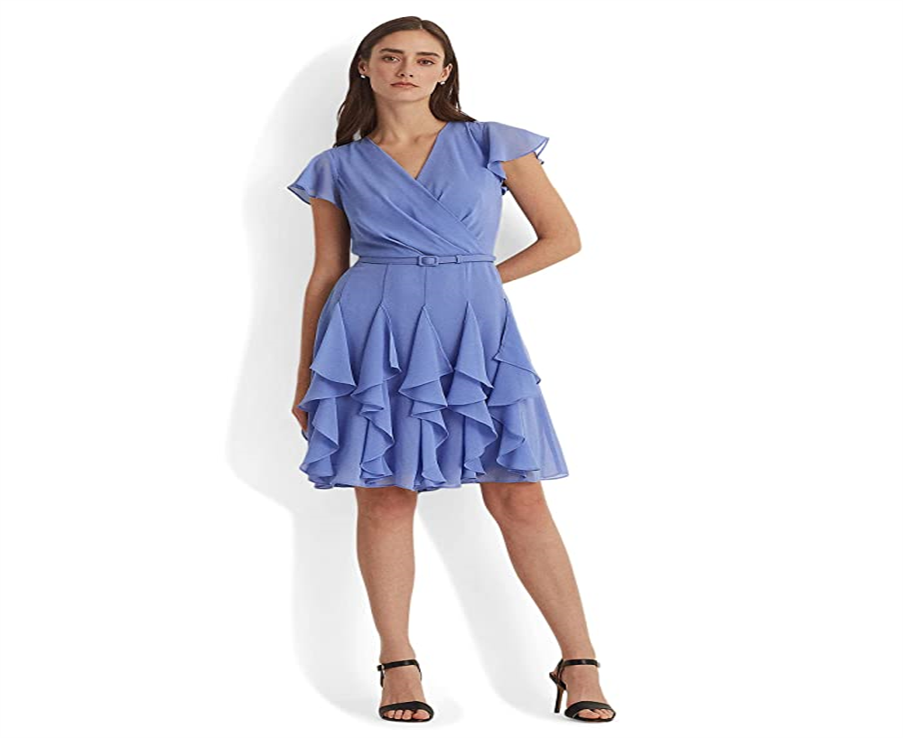 Vestido Ralph Lauren Feminino de Chiffon com Babados Azul Tamanho 2