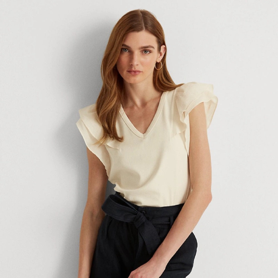 Camiseta Ralph Lauren Feminina com Manga Elástica e Babados, Marrom, Tamanho Médio