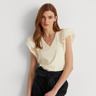 Camiseta Ralph Lauren Feminina com Manga Elástica e Babados, Marrom, Tamanho Médio