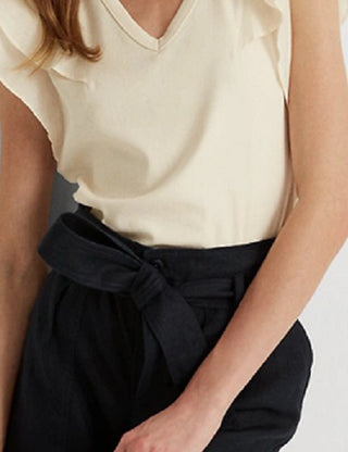 Camiseta Ralph Lauren Feminina com Manga Elástica e Babados, Marrom, Tamanho Médio