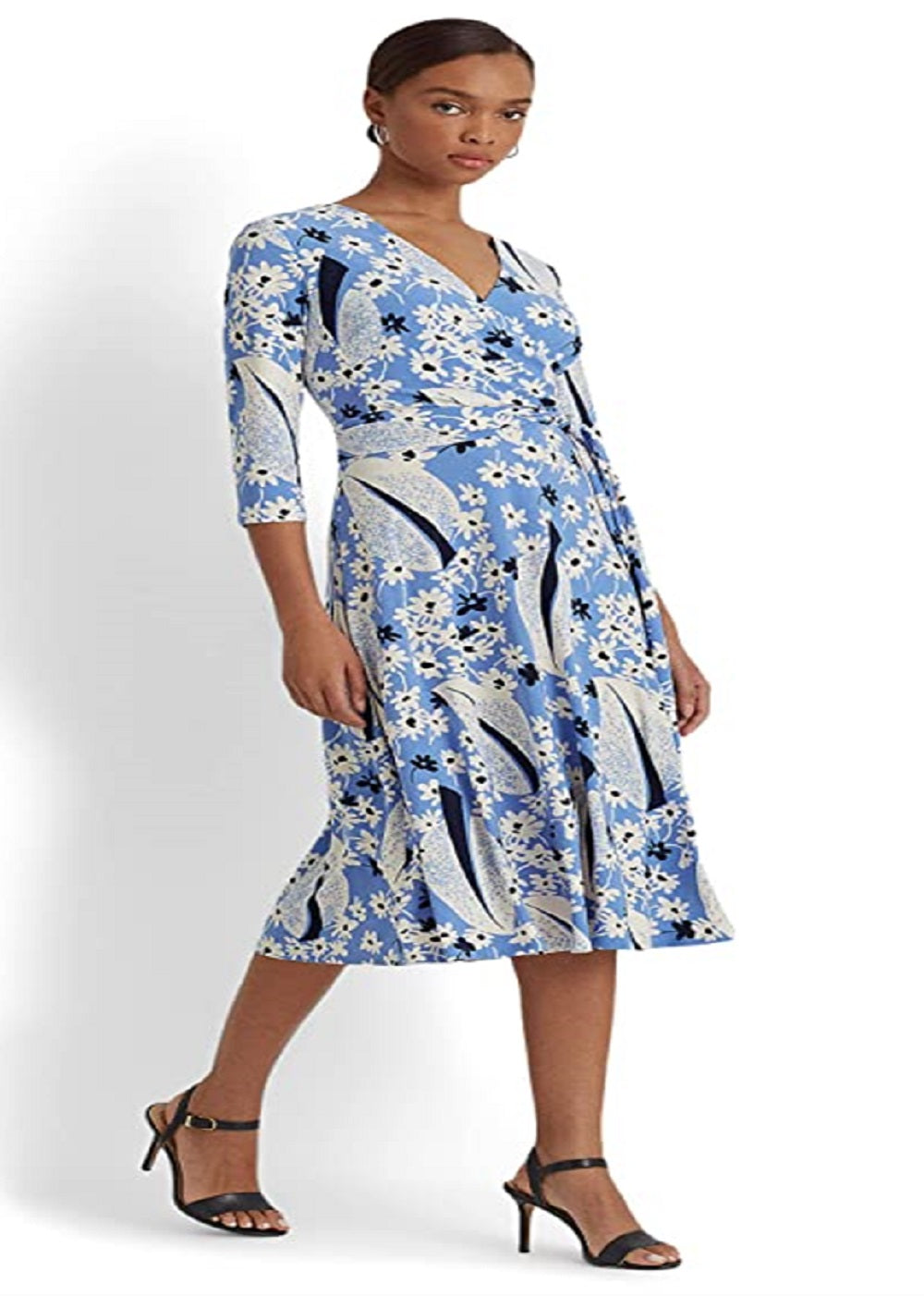 Vestido de malha com sobrepeliz floral Ralph Lauren feminino, azul, tamanho 6