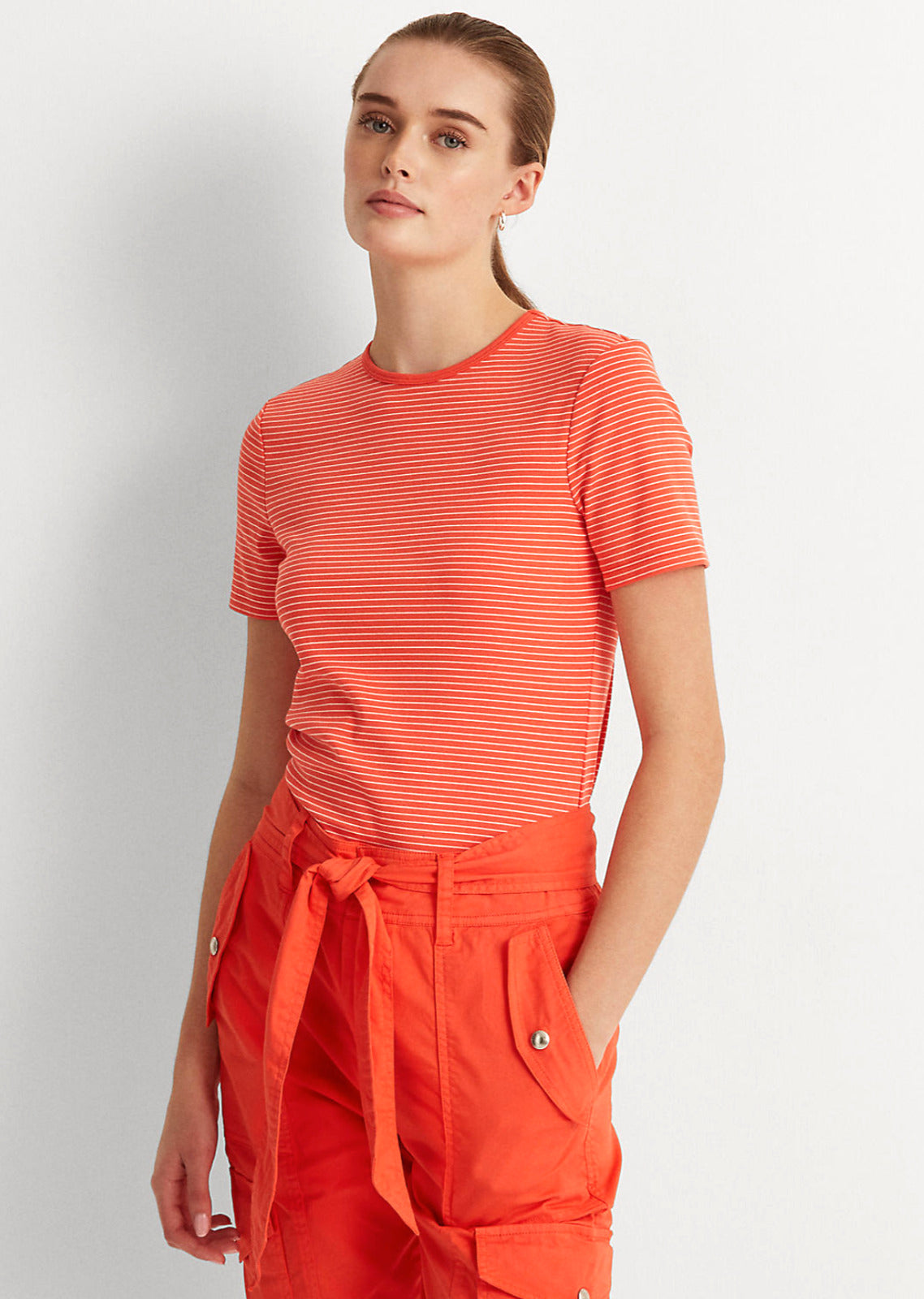 Camiseta Ralph Lauren Feminina Listrada de Algodão Elástico Laranja Tamanho Médio