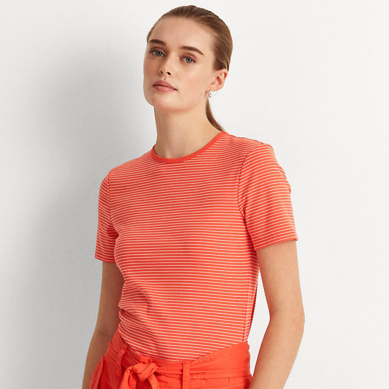 Camiseta Ralph Lauren Feminina Listrada de Algodão Elástico Laranja Tamanho Médio